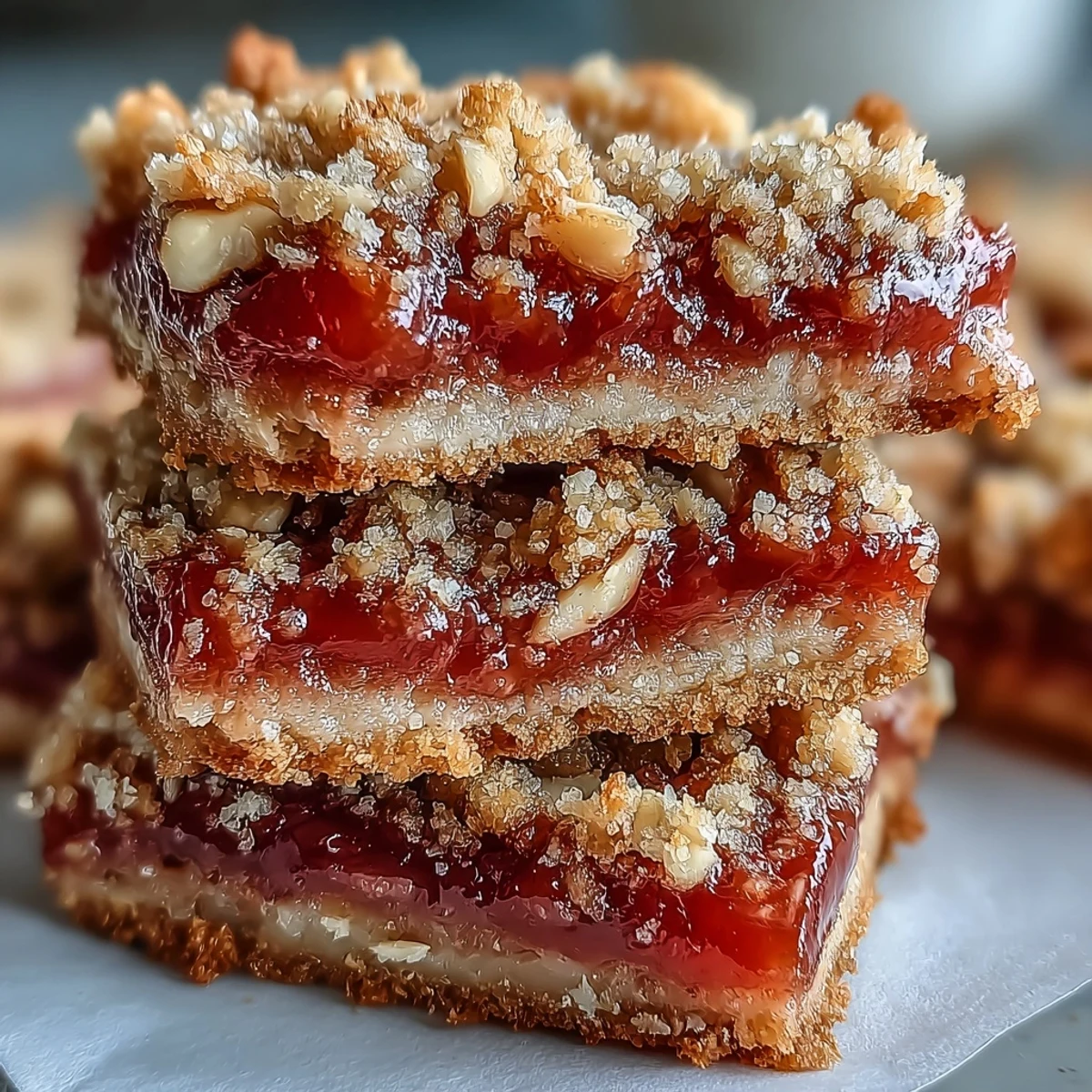 Golden-brown Guava Jam Bars with coconut macadamia oat crumble, dusted with powdered sugar on a rustic wooden board.