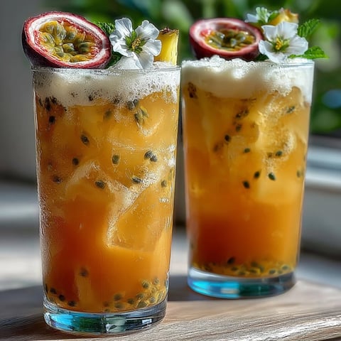Homemade Iced Guava Passionfruit Drink with pineapple ginger syrup in a tall glass, topped with pineapple wedges and edible flowers.