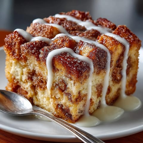 Freshly baked cinnamon sugar French toast bread pudding served in a cozy kitchen setting.