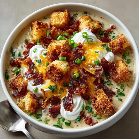 Hearty bowl of Loaded Baked Potato Soup with melty cheese, crispy bacon, and a dollop of sour cream.