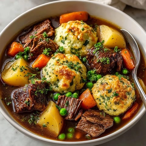 Crockpot beef stew with fluffy pickle herb dumplings: hearty, slow-cooked meal for a cold evening.
