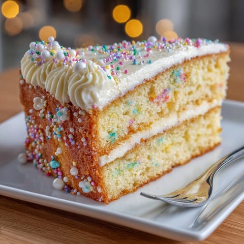 A celebratory Rococo Revival vanilla confetti sheet cake topped with edible pearls and vivid sprinkles.