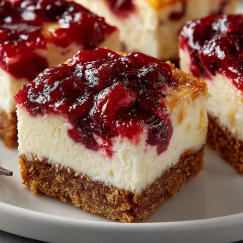 Vibrant red cranberry swirls top the delicious Seasonal Cranberry Orange Cheesecake Squares, a perfect American treat.