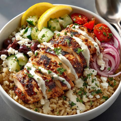 Vibrant Fresh & Easy Greek Chicken Bowls with Lemon Tahini are piled high with fresh vegetables and feta cheese.
