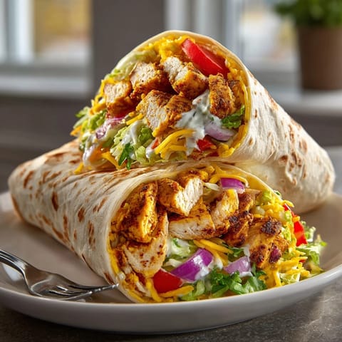 Image of flavorful Pickle Juice Marinated Chicken Wraps ready to eat, filled with colorful, fresh ingredients.
