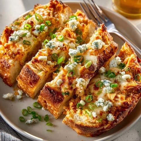 A close-up view of baked Buffalo Chicken Dip Stuffed Bread, garnished and perfect for sharing as an appetizer.