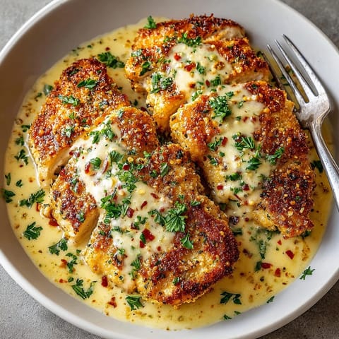 A close-up shot of piping hot Creamy Garlic Parmesan Chicken, ideal for a cozy dinner.