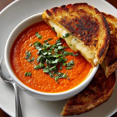 Steaming tomato soup shooters with crispy grilled cheese sticks, perfect for a cozy gathering appetizer.