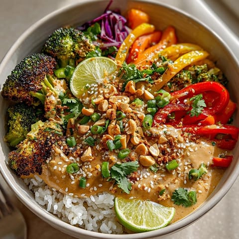 Bowl of Thai Peanut Roasted Vegetable Bowl garnished with cilantro, peanuts, and lime wedges for serving