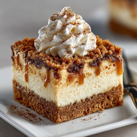 Golden-brown Gingerbread Cheesecake Bars, garnished with whipped cream, await holiday dessert lovers!