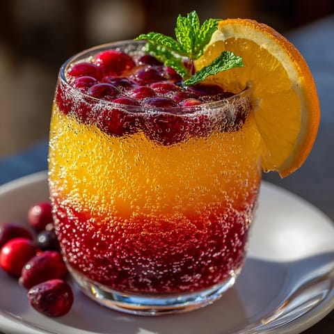 Festive Cranberry-Orange Mock Mimosa recipe: bubbly blend of sweet and tart, garnished for brunch.