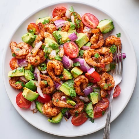 Close-up of the creamy Shrimp and Avocado Salsa Salad, highlighting avocado chunks and tender shrimp.