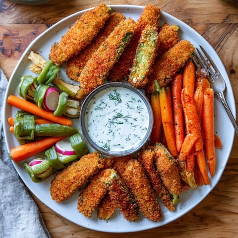 A colorful platter of the Pickle Lovers Meal featuring crunchy fried pickles and veggies.  