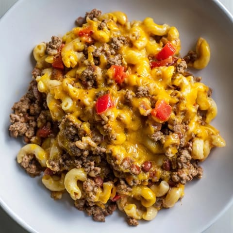 Steaming Cheeseburger Chili Mac Skillet, topped with melted cheddar, ready for a comforting weeknight dinner.