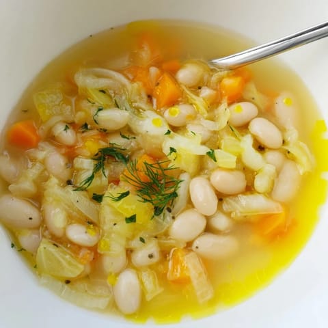 A close-up of the simple white bean and fennel soup, showcasing the hearty texture and rich flavors.