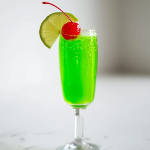 Vibrant Grinch Mimosa Mocktail bubbling with soda, a fun and easy refreshing holiday beverage.