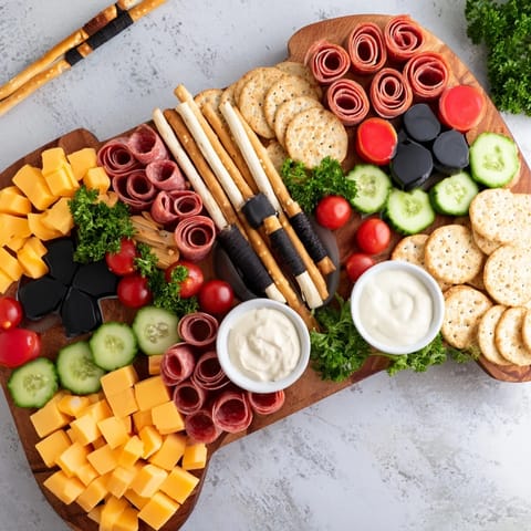 This party-ready controller snack platter features salami, cheese cubes, red peppers, and olives for a fun treat.