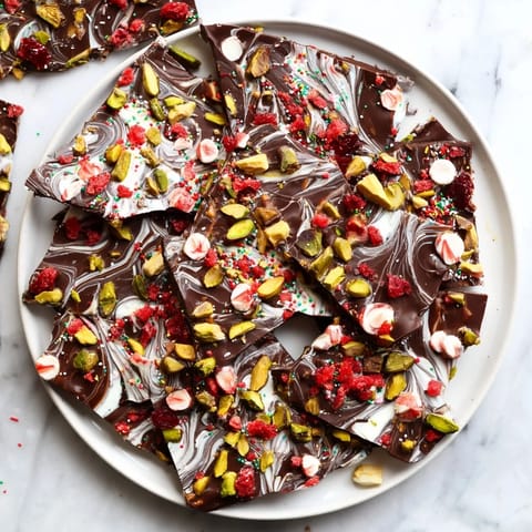 This Holiday Bark boasts a stunning marbled effect, sprinkled with peppermint and pistachios for a treat.