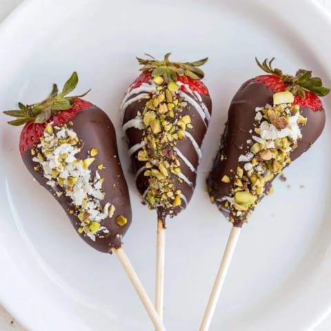 Freshly made chocolate-dipped strawberry skewers, garnished with nuts, perfect for sharing at a party.