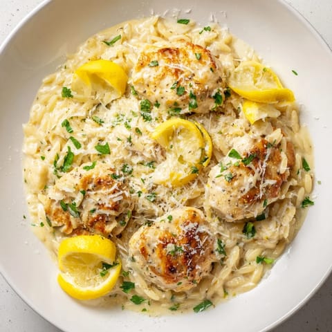 Golden chicken pieces nestled with creamy orzo in a zesty, delicious creamy lemon chicken orzo.