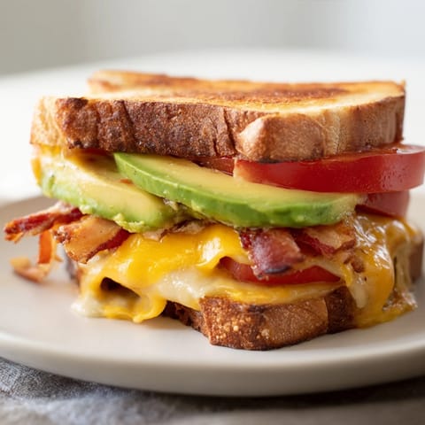 A close-up shows a warm Avocado BLT Grilled Cheese cut in half, revealing gooey melted cheese, juicy tomato, and creamy avocado layers.