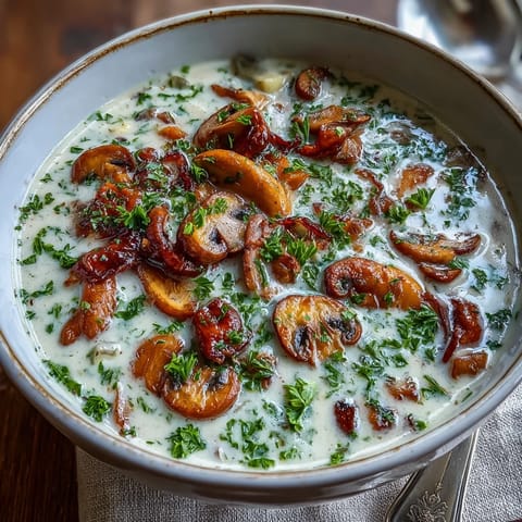 Hearty Creamy Mushroom Stroganoff Soup spoonfuls ready for a cozy supper.