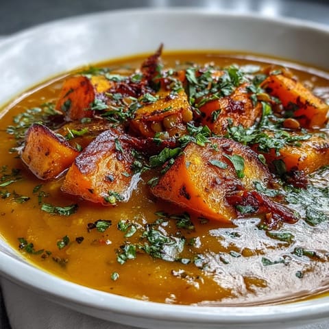 Creamy butternut squash and lentil soup in a bowl with fresh garnish.