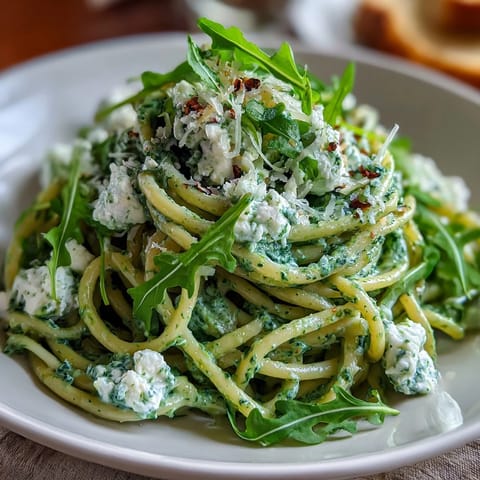 Steaming Linguine with Arugula Pesto twirled on a fork, garnished with fresh leaves and grated Parmesan.