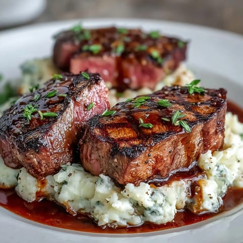 Pan-seared venison steaks rest on a bed of creamy caraway crushed swede, ready to serve.