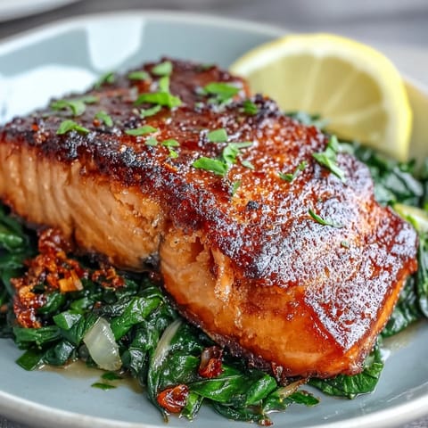 Sizzling air fryer salmon cooks alongside vibrant, tender Swiss chard with red pepper flakes in the pan.