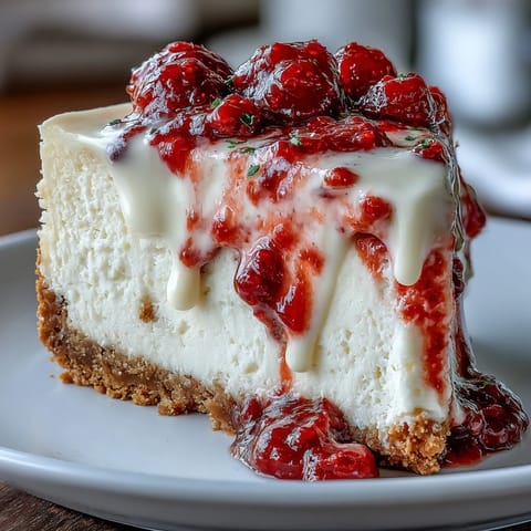 A thick slice of Indulgent White Chocolate Raspberry Cheesecake Bliss rests on a white plate, showcasing a creamy filling and swirls of red raspberry sauce.