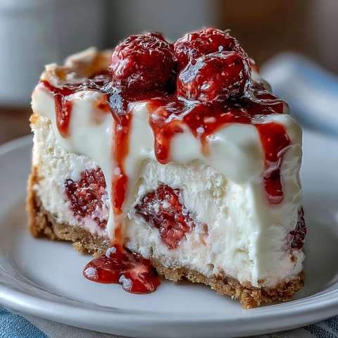 Fresh raspberries and white chocolate shavings garnish the top of the creamy Indulgent White Chocolate Raspberry Cheesecake Bliss, presented on a marble countertop.