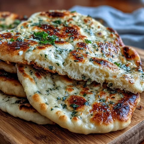 Warm The Best Easy Garlic Naan Bread brushed with melted garlic butter, flecked with herbs, ideal for scooping up creamy Indian dal.