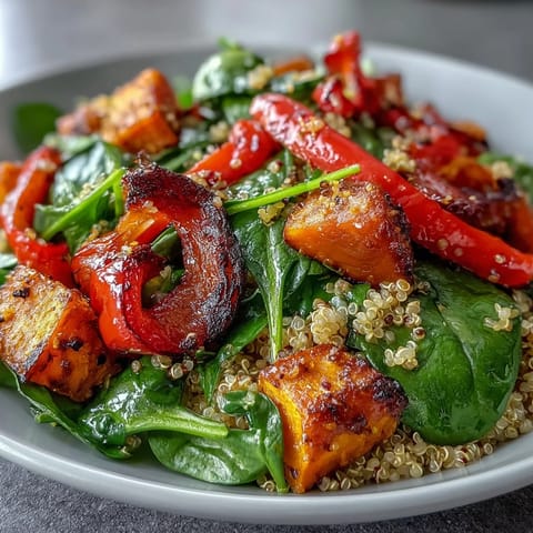 A wholesome Warm Salad Bowl with wilted spinach, roasted veggies, and feta, drizzled with a warm vinaigrette.