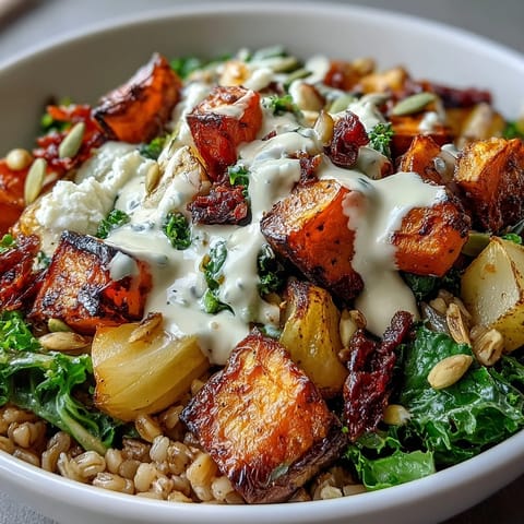 Steaming Hearty Winter Grain Bowl topped with toasted pumpkin seeds and crumbled feta, ready to enjoy on a cold day.