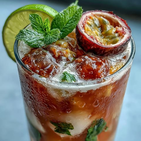 Frothy DIY Iced Guava Passionfruit Drink in a tall glass, garnished with fresh mint and a lime wedge on ice.