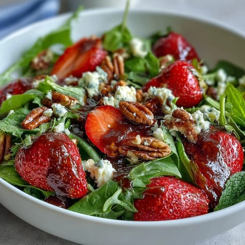 Vibrant strawberry arugula salad with goat cheese, toasted pecans, and balsamic glaze—perfect for spring dinner parties.  