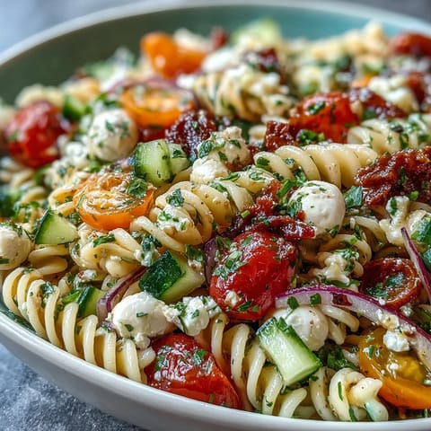 A colorful pasta salad with cherry tomatoes, cucumber, and mozzarella, dressed in zesty Italian dressing for a fresh summer side.