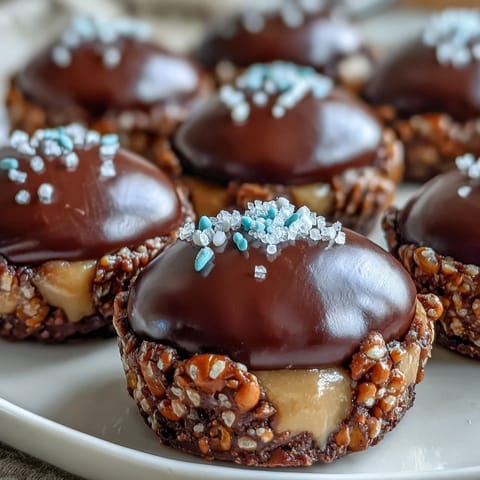 Chocolate peanut butter eggs with pretzel crust and creamy filling in a mini muffin tin.