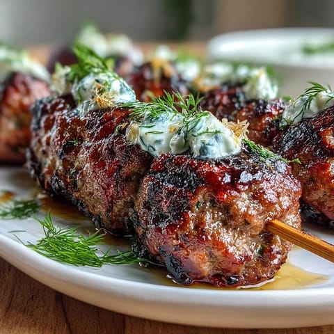 Spicy ground lamb kofta infused with cumin and coriander, paired with cooling tzatziki sauce for a Middle Eastern feast.  
