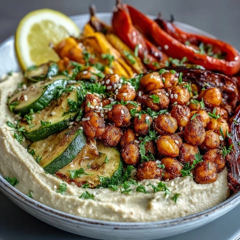 Crispy chickpea bowls brimming with spiced roasted chickpeas, creamy hummus, and colorful grilled vegetables for a hearty vegan meal.  