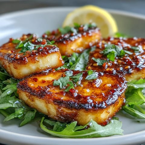 Crispy golden halloumi slices drizzled with chili-infused honey, served on a bed of fresh arugula.