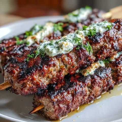 Juicy lamb kofta skewers grilled to perfection, served with creamy homemade tzatziki and fresh herbs.  