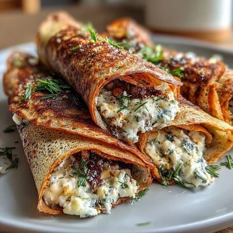 Spring buckwheat crepes filled with fresh vegetables and creamy herbed cheese on a rustic plate.