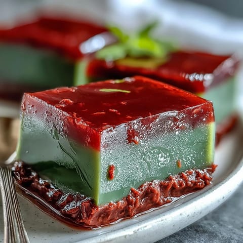 Close-up of Yokan Japanese Red Bean Jelly with Matcha Layer, showcasing its smooth, vibrant textures.