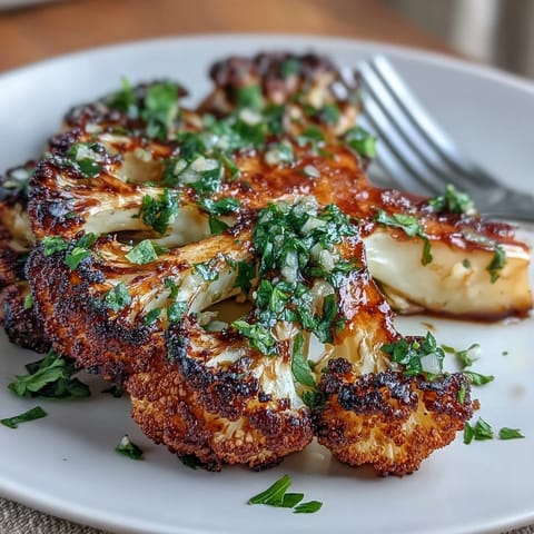 Charred BBQ Cauliflower Steaks topped with vibrant chimichurri, a delicious vegan main dish.
