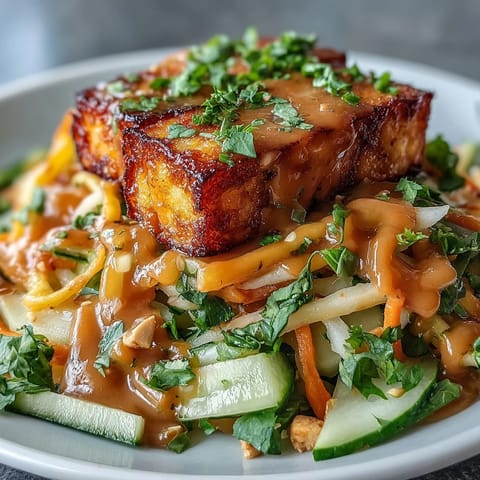 Vibrant Thai Mango Salad with golden crispy tofu, drizzled generously with peanut sauce.