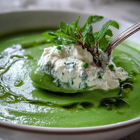 Delicious spring pea soup with cool ricotta swirl and fresh minty drizzle.