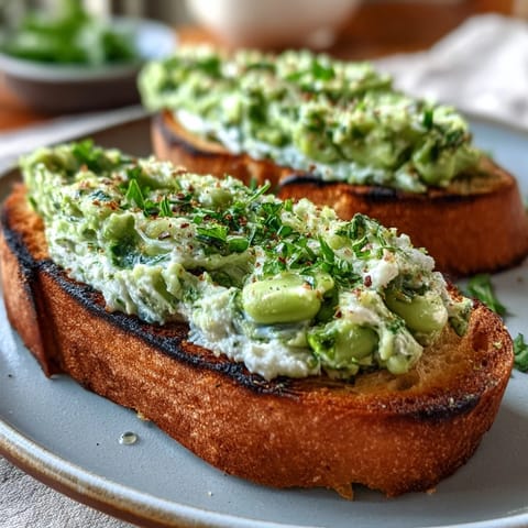 Smoky grilled sourdough topped with fresh fava bean and mint spread, perfect appetizer.