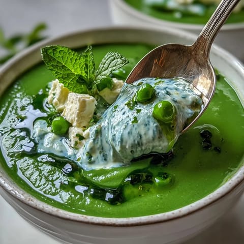 Spring pea soup with whipped ricotta, vibrant green and topped with creamy dollops.